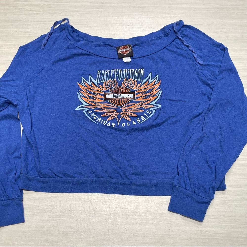 Womens Harley Davidson Cropped Long Sleeve Shirt Size Small Blue Logo CA 2013
